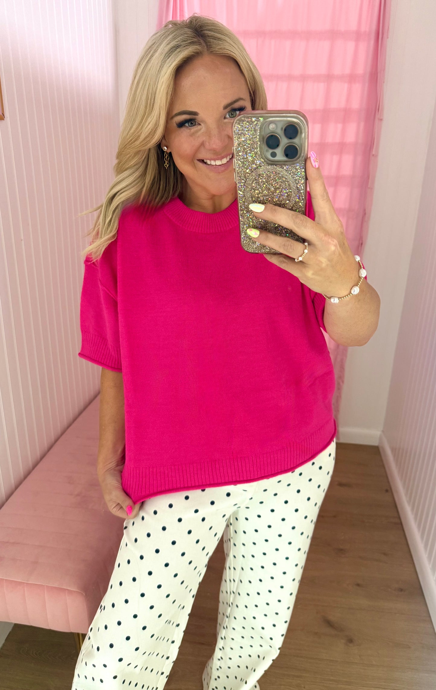 Hot pink short sleeve sweater