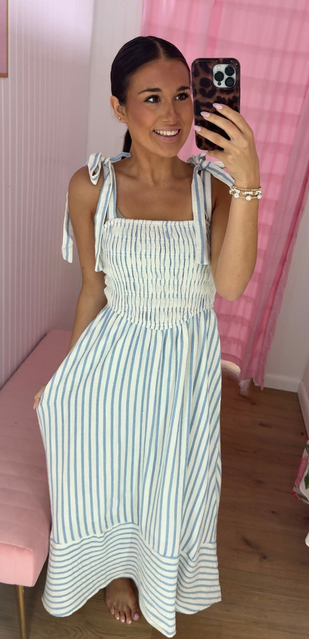 Blue striped smocked maxi