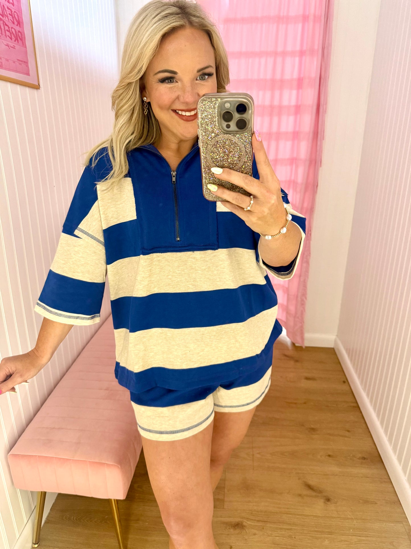 Blue striped half zip set