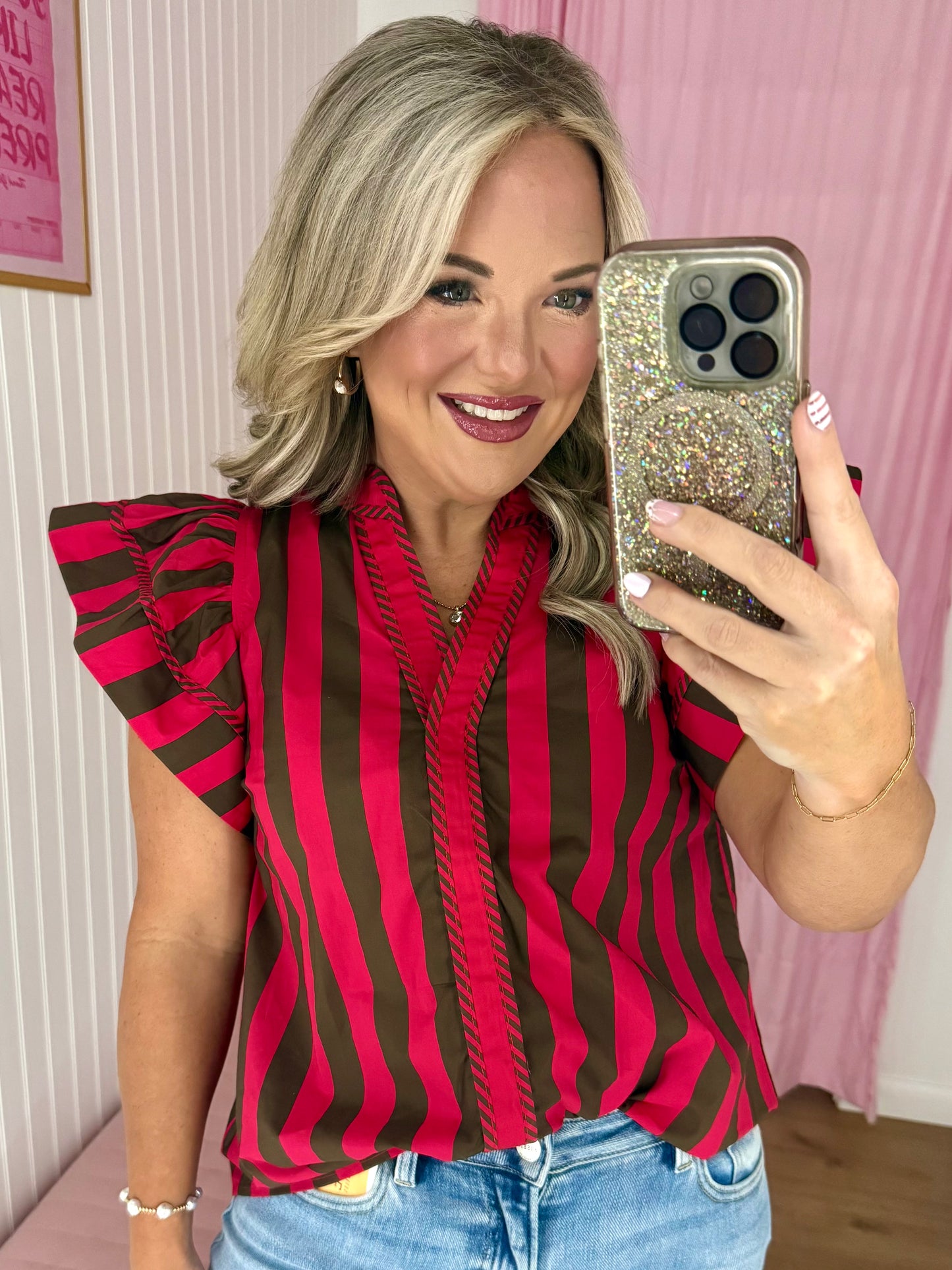 Brown/red ruffle sleeve top