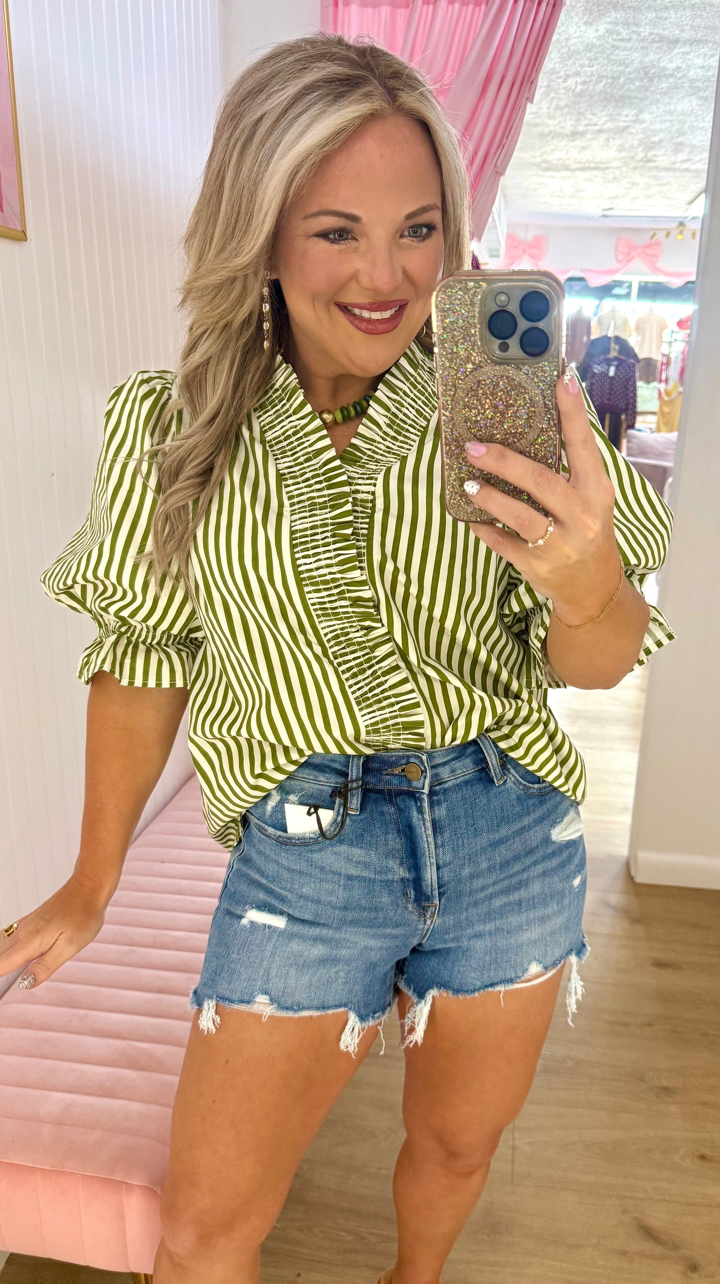 Olive short sleeve ruffle top