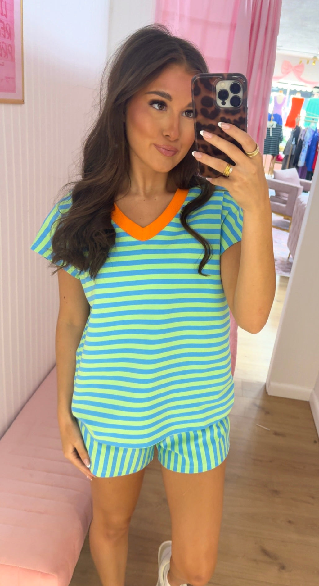 Green Stripe V neck short set
