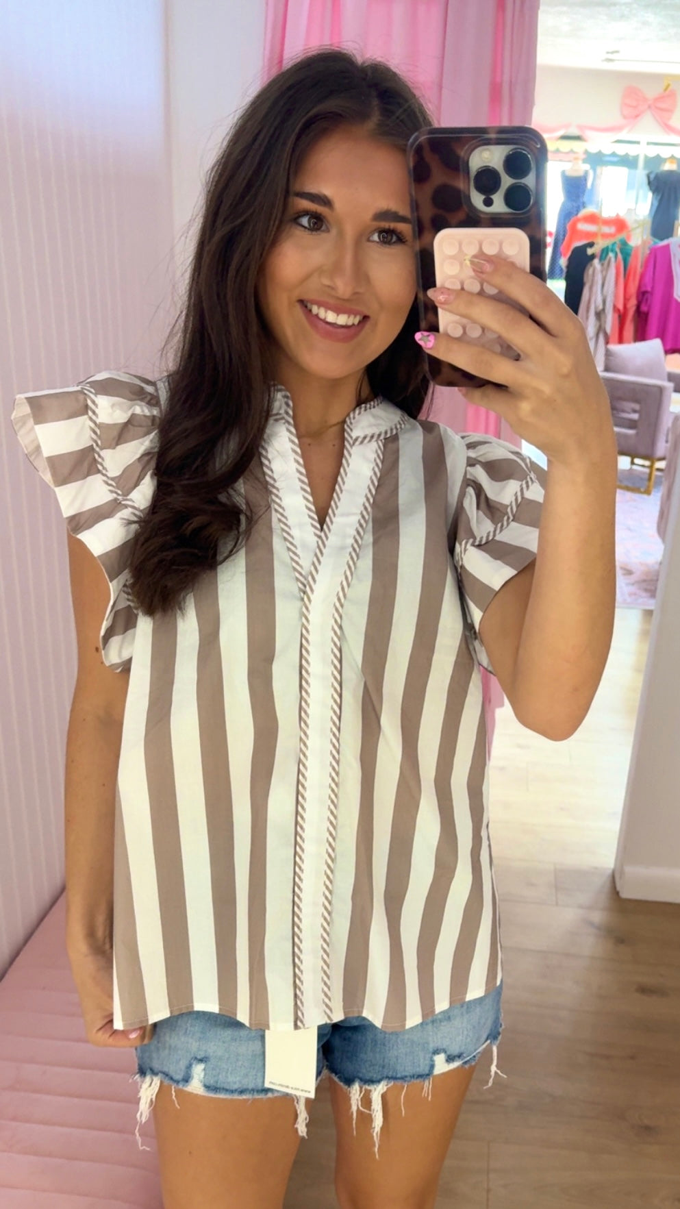 Taupe stripe ruffle sleeve blouse