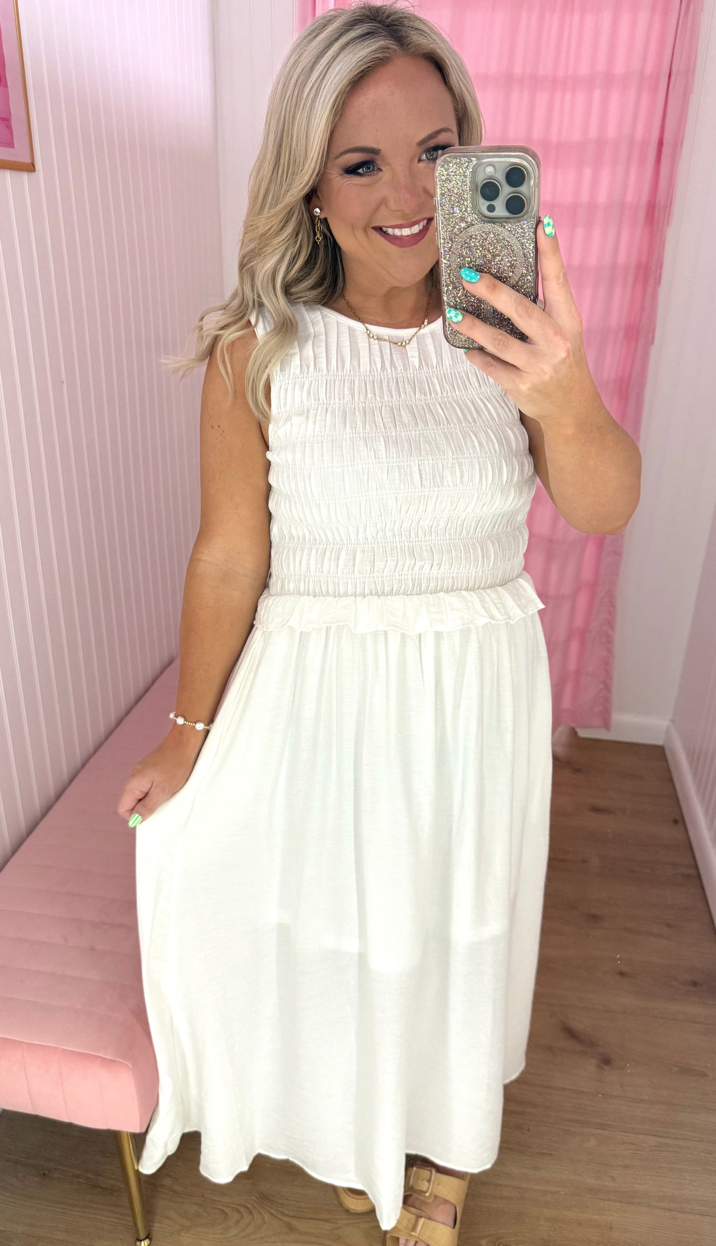 White ruffle midi dress