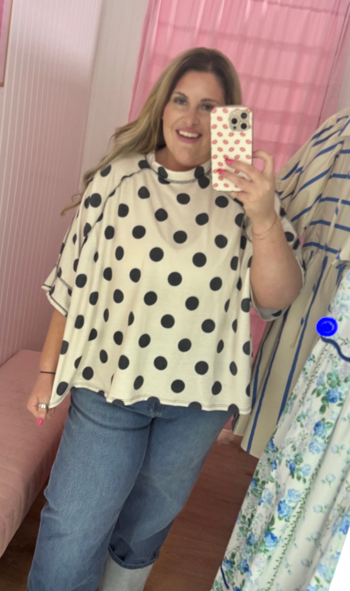 Plus short sleeve polka dot top