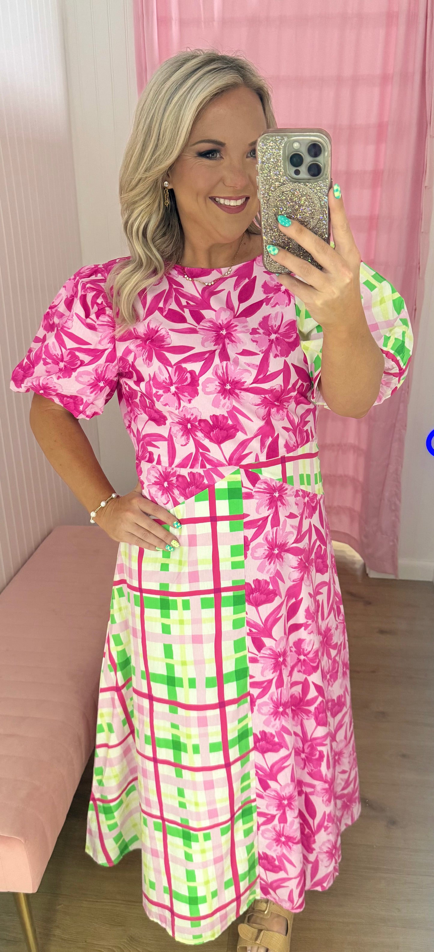 Mixed print puff sleeve midi