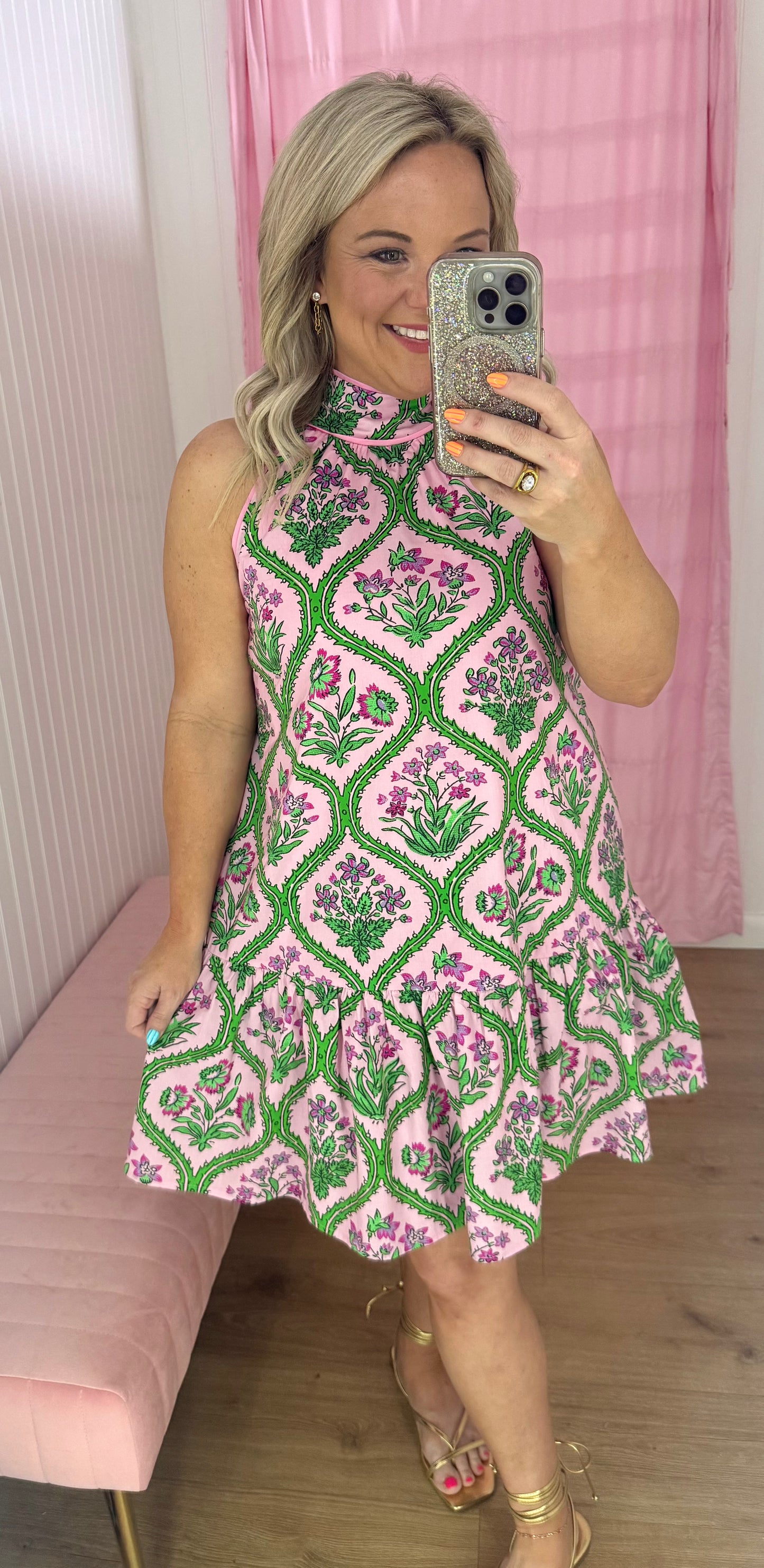 Halter pink floral short dress