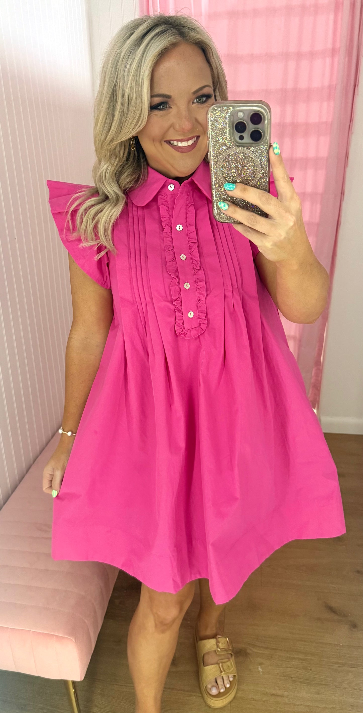Pink ruffle sleeve short dress