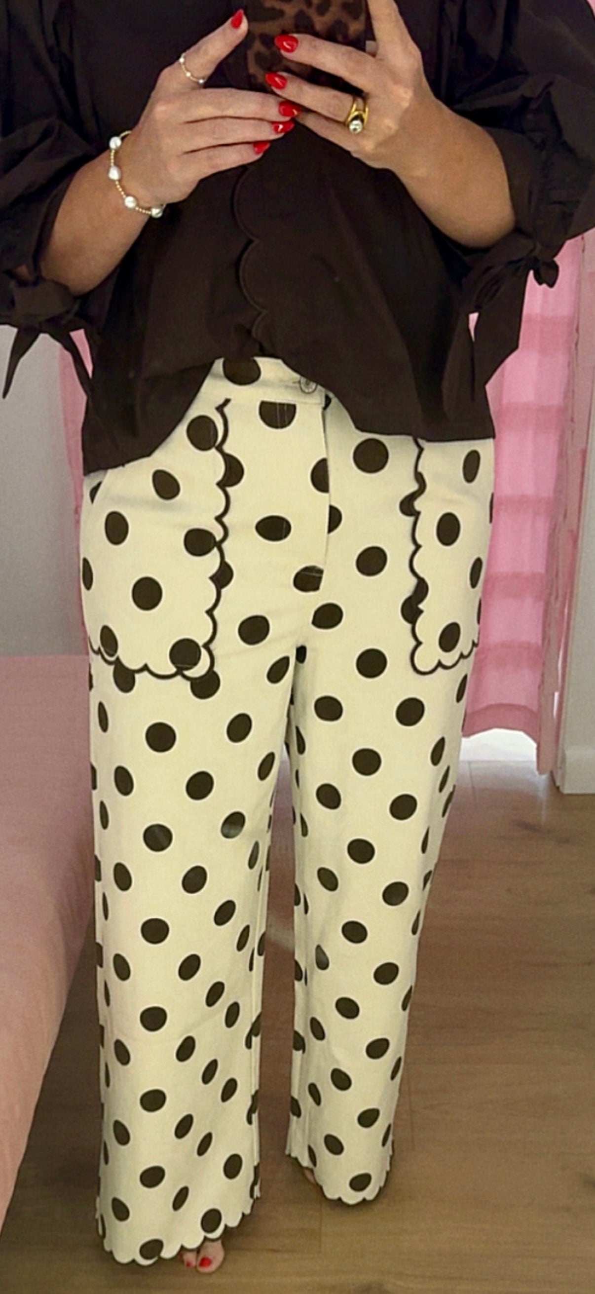 Brown polka dot scalloped jeans