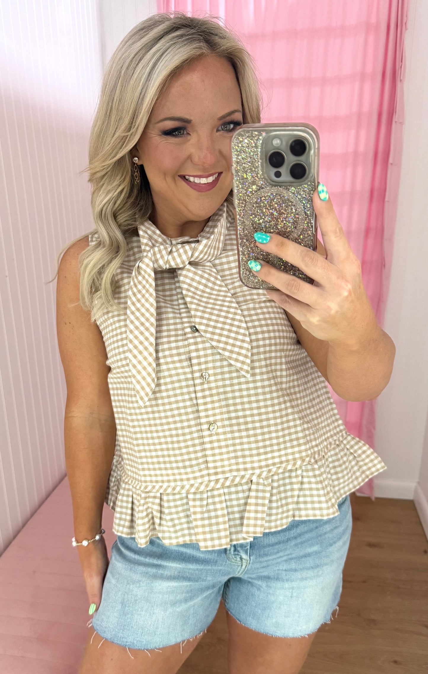 Tan gingham tie top