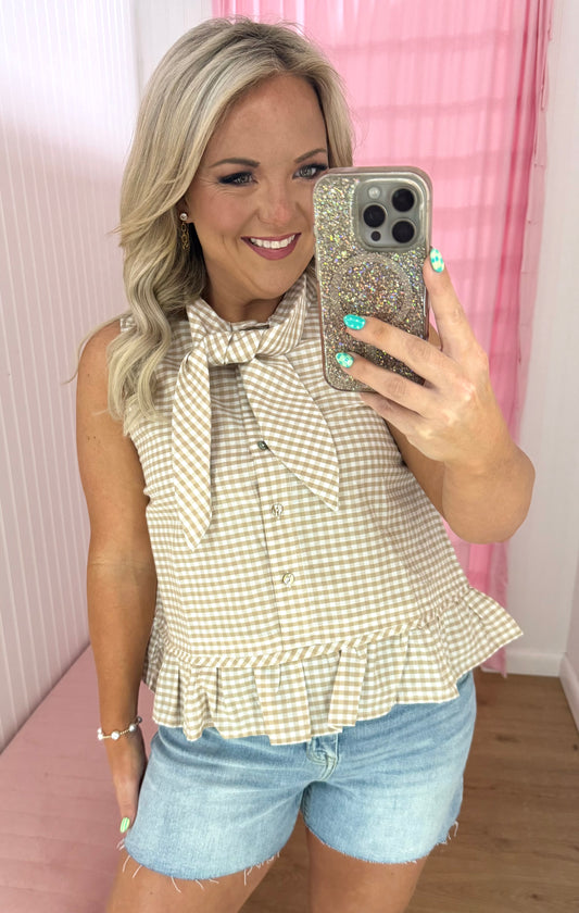 Tan gingham tie top