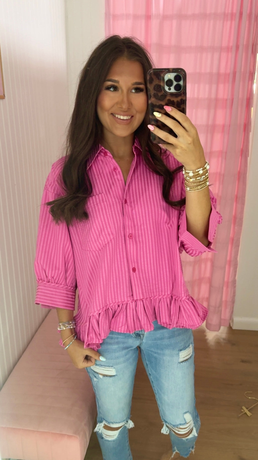 Pink button down ruffle collared shirt