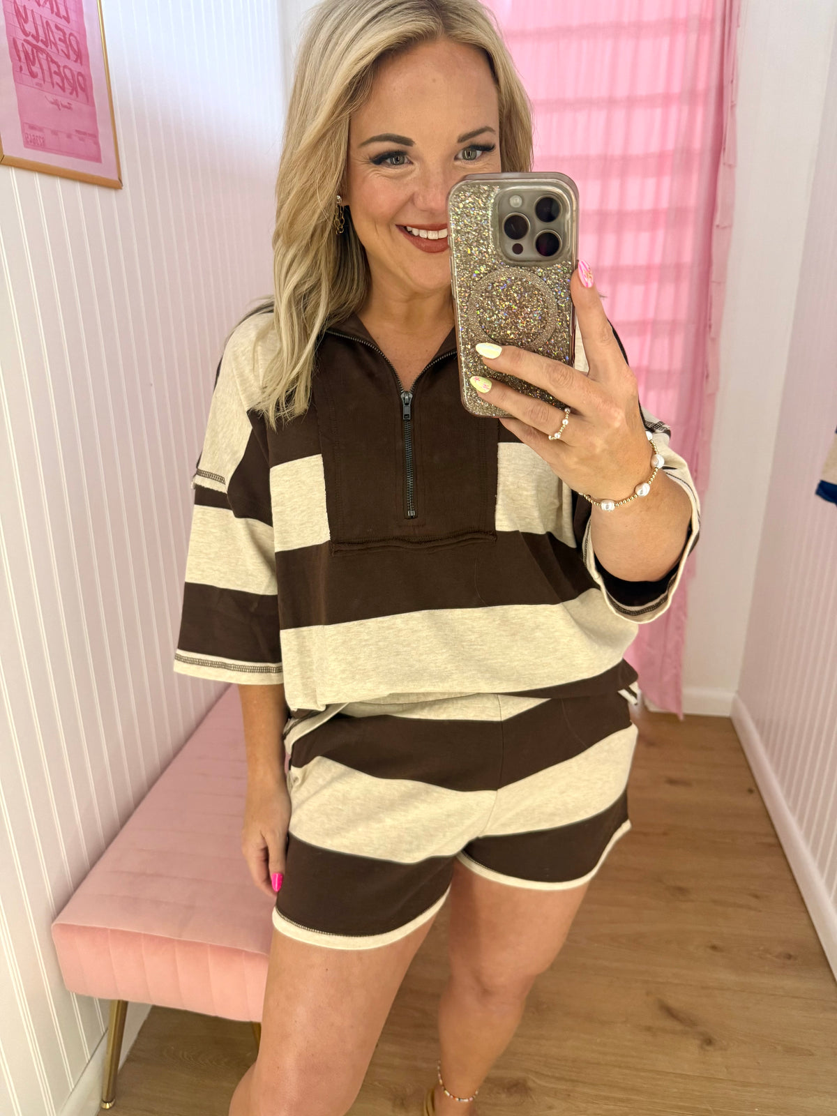 Brown striped half zip set