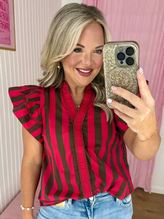 Brown/red ruffle sleeve top
