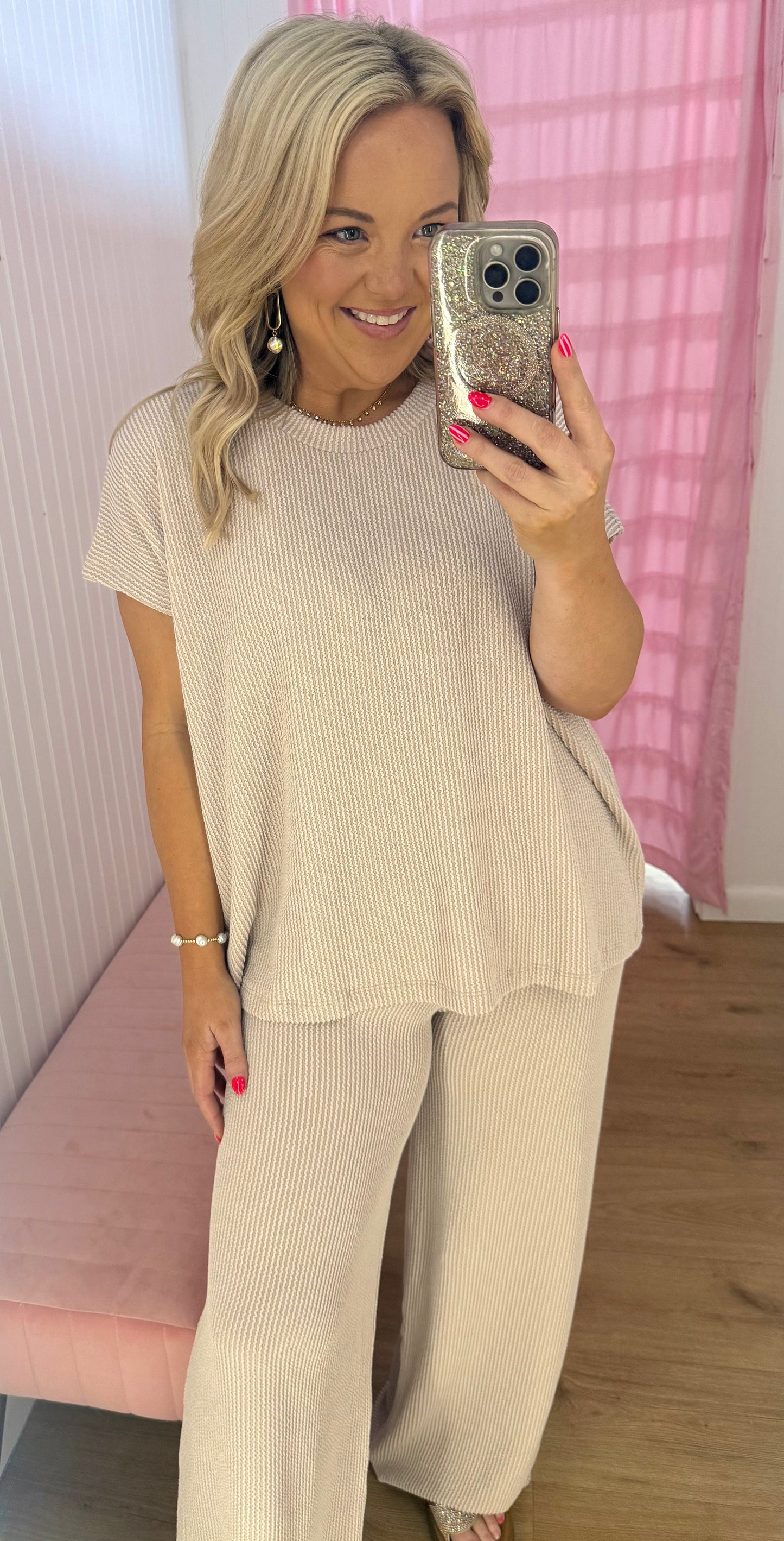 Beige ribbed pant set