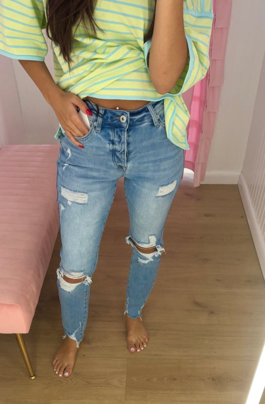 Mica light wash high rise slim ankle distressed jeans