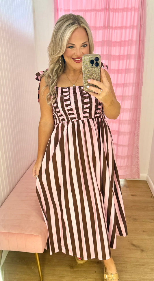 Pink/Brown stripe midi dress