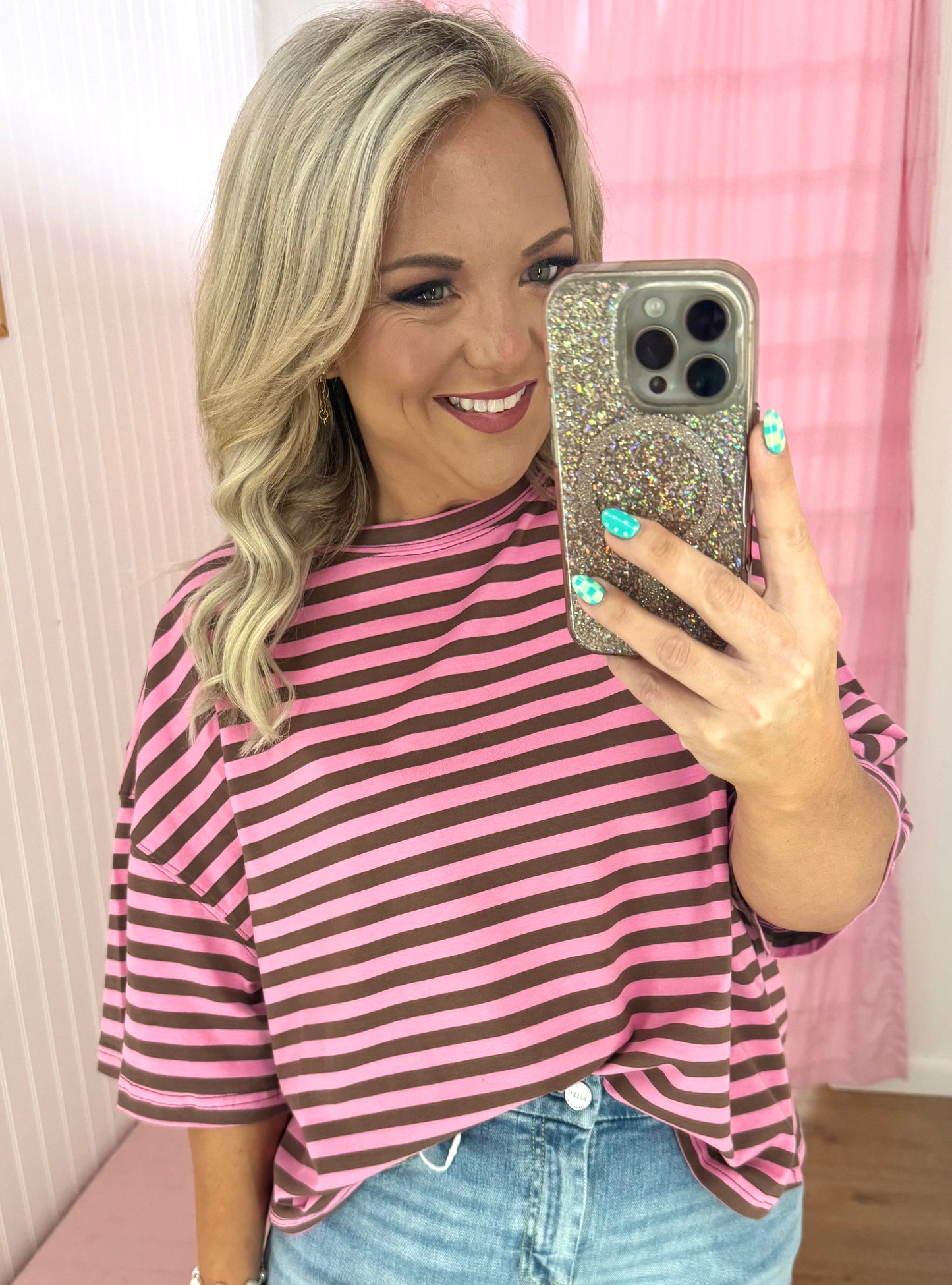 Pink and brown striped top