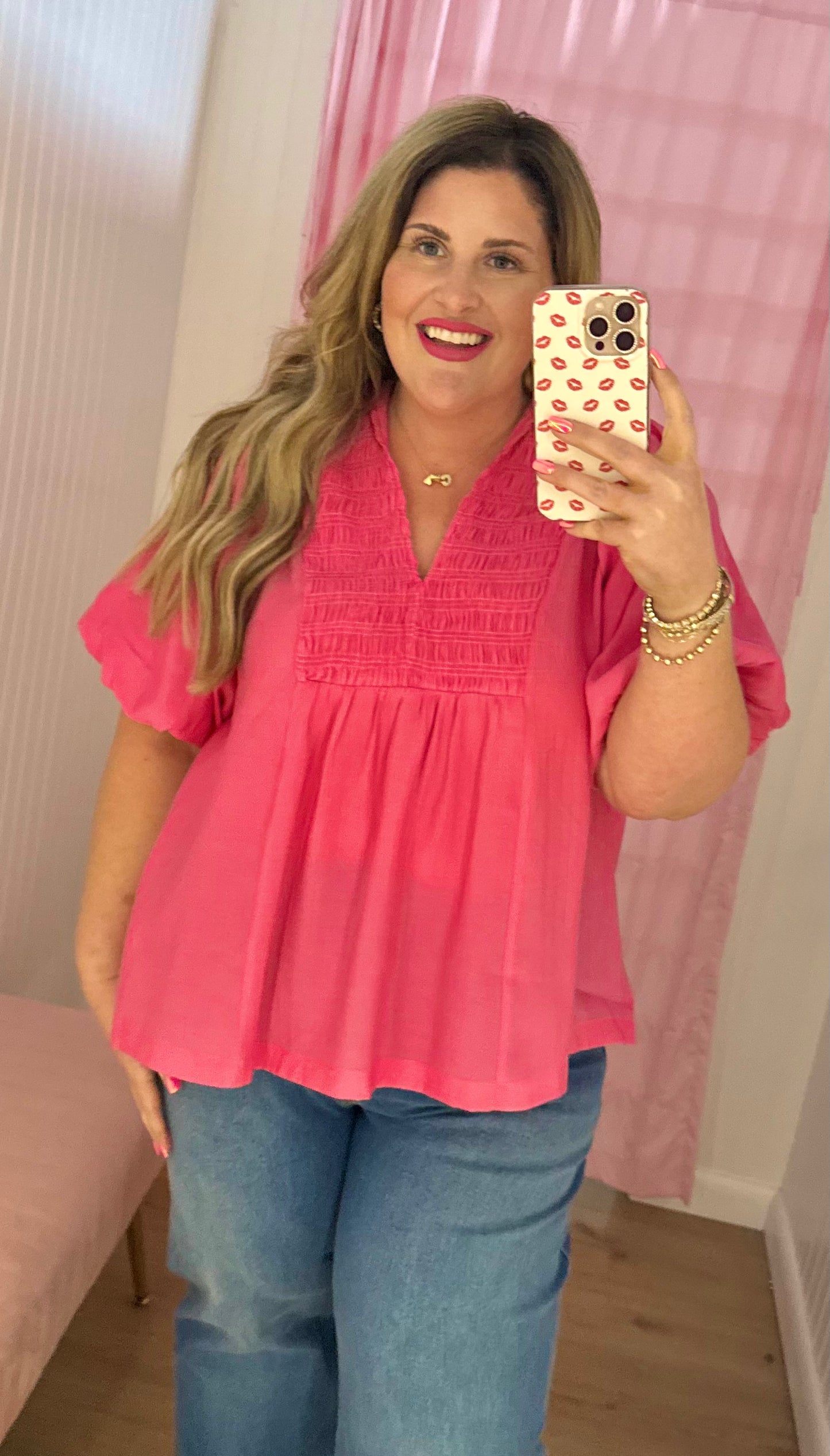Plus pink puff sleeve blouse