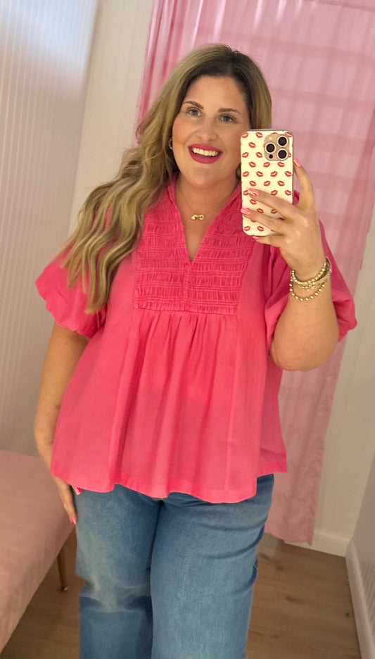 Plus pink puff sleeve blouse
