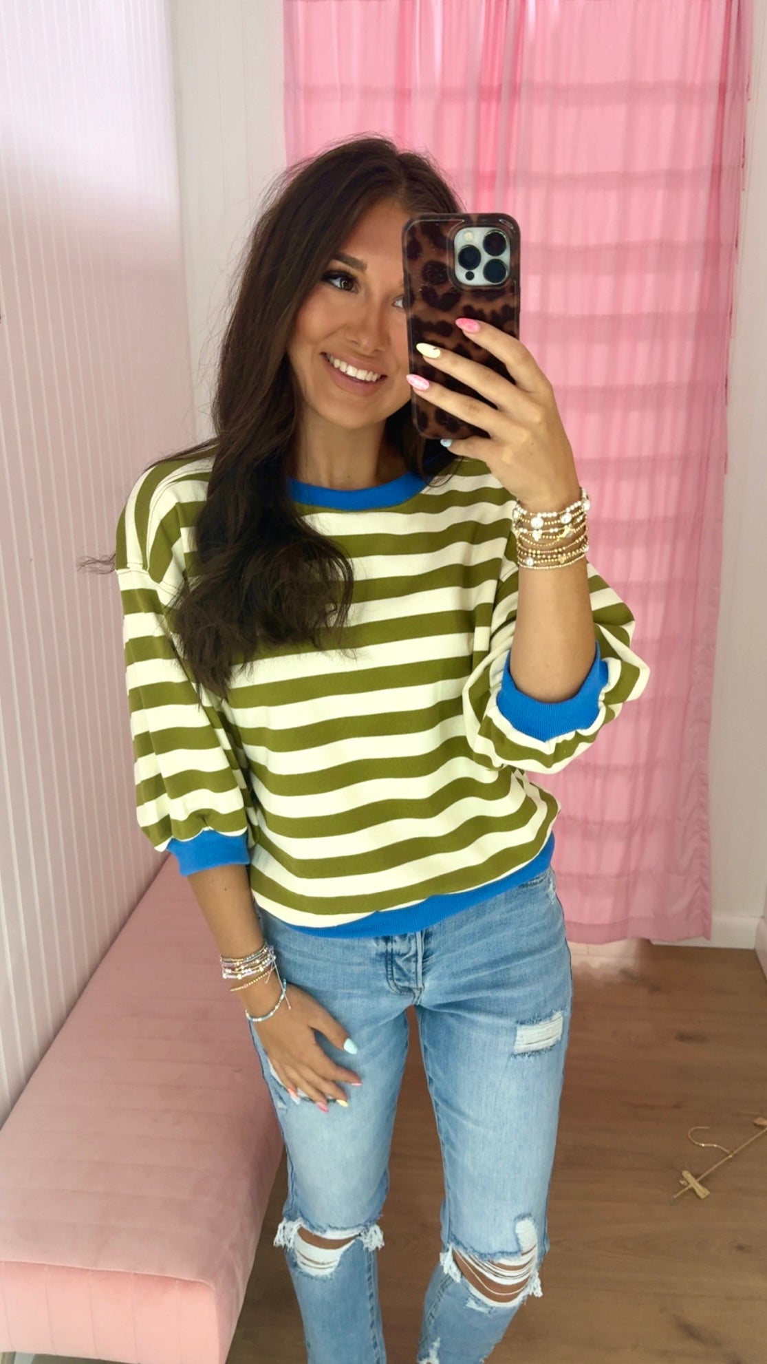 Olive round neck stripe top
