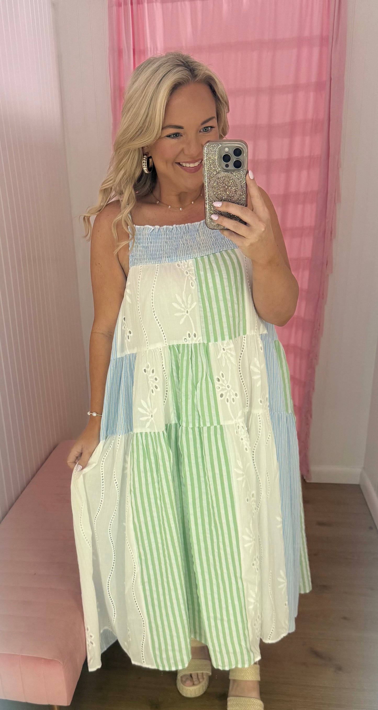 Patchwork tiered midi dress