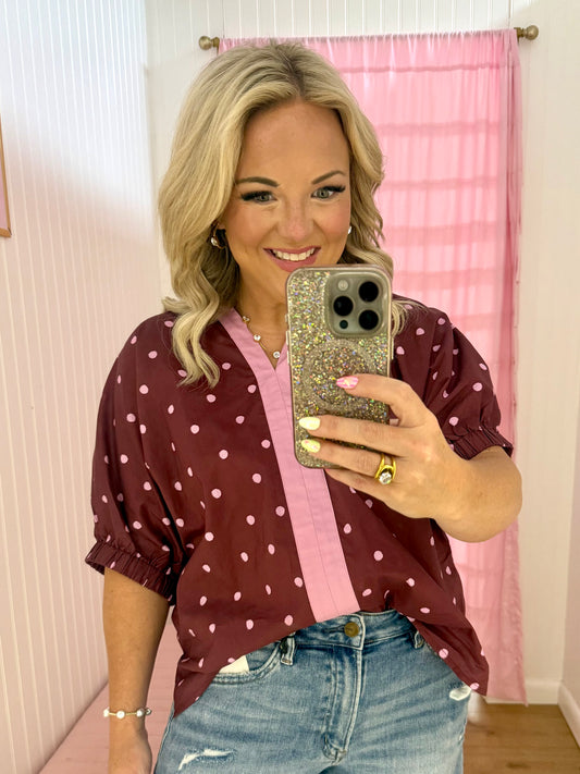 Burgandy polka dot top