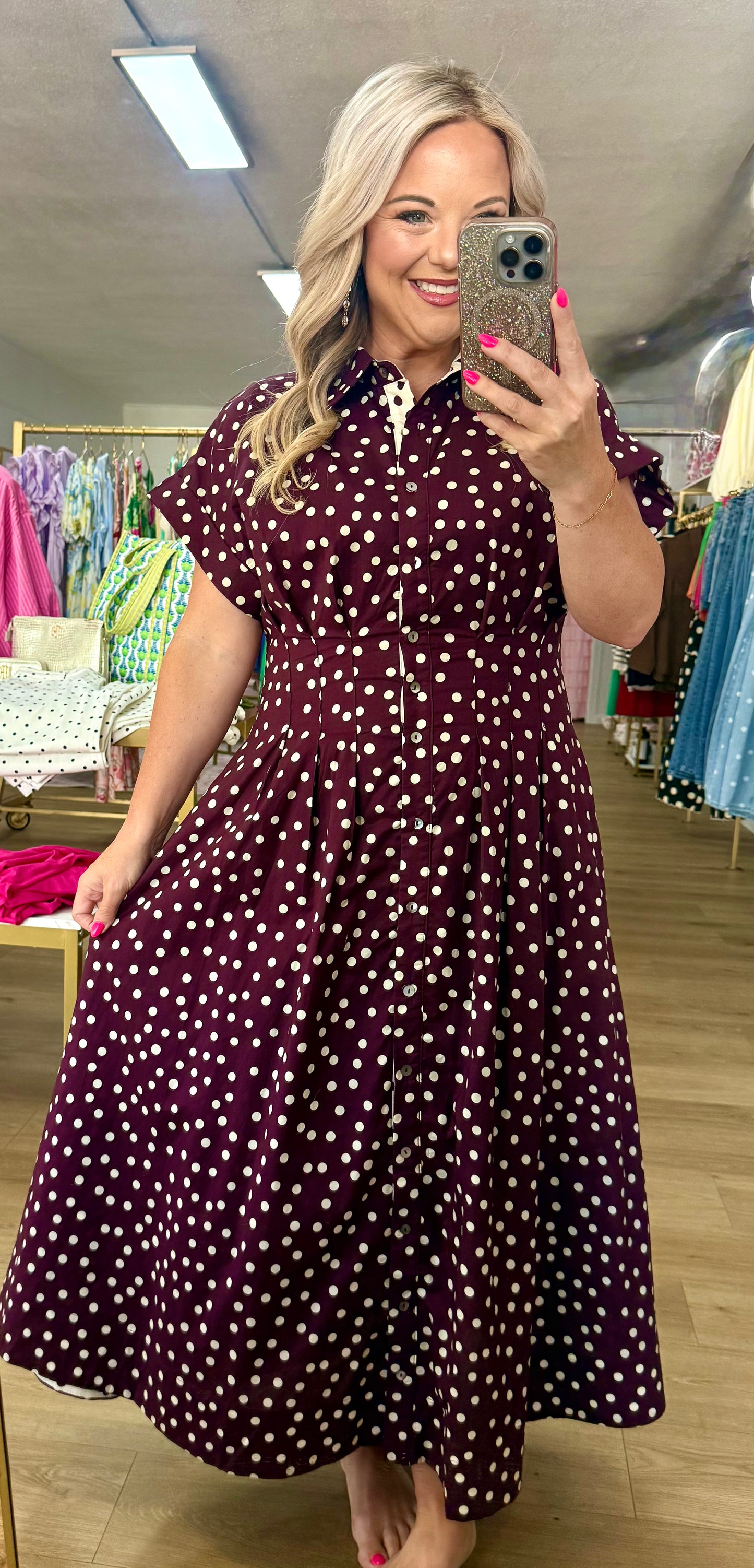 Maroon polka dot midi