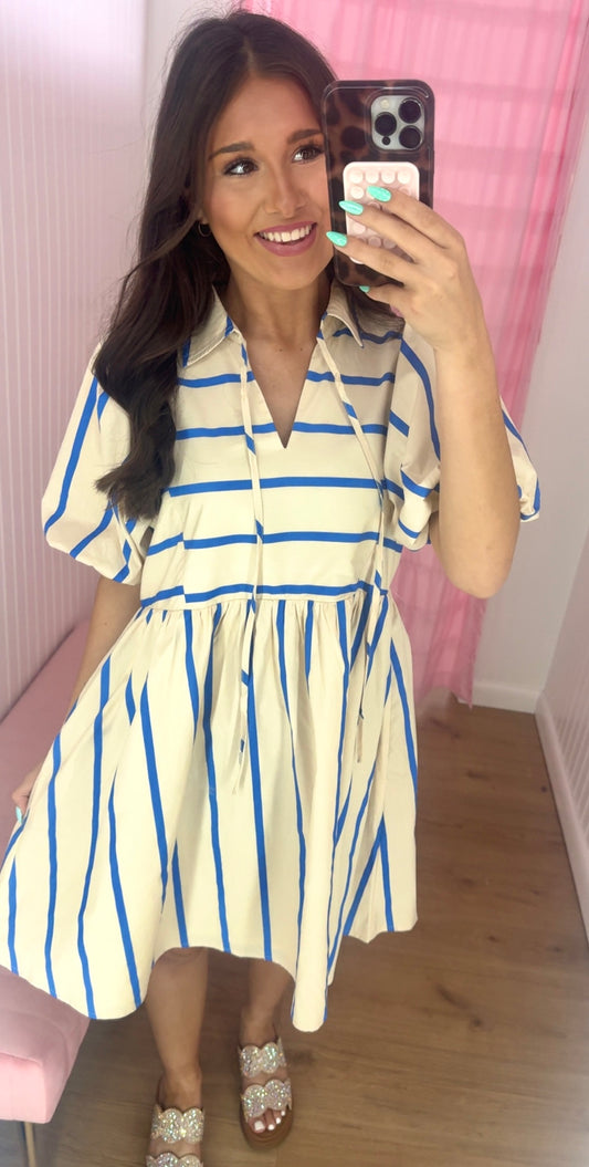 Blue stripe puff sleeve short dress
