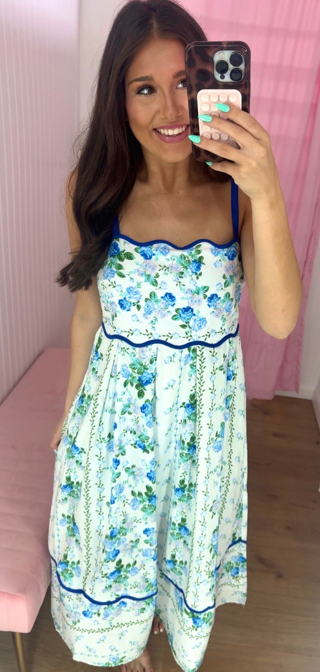 Blue floral scalloped midi dress