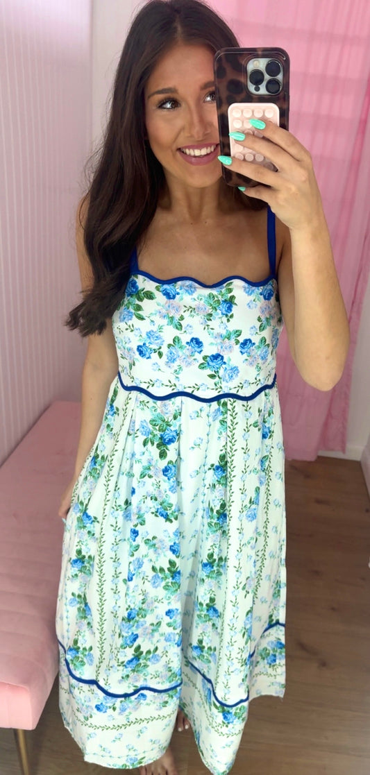 Blue floral scalloped midi dress