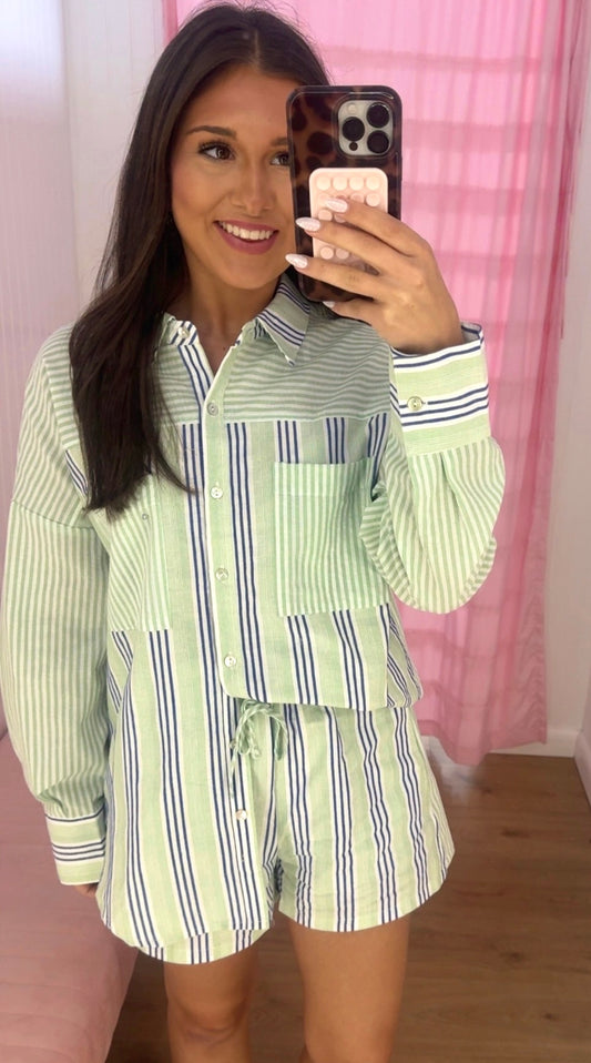 Blue/Mint striped short set