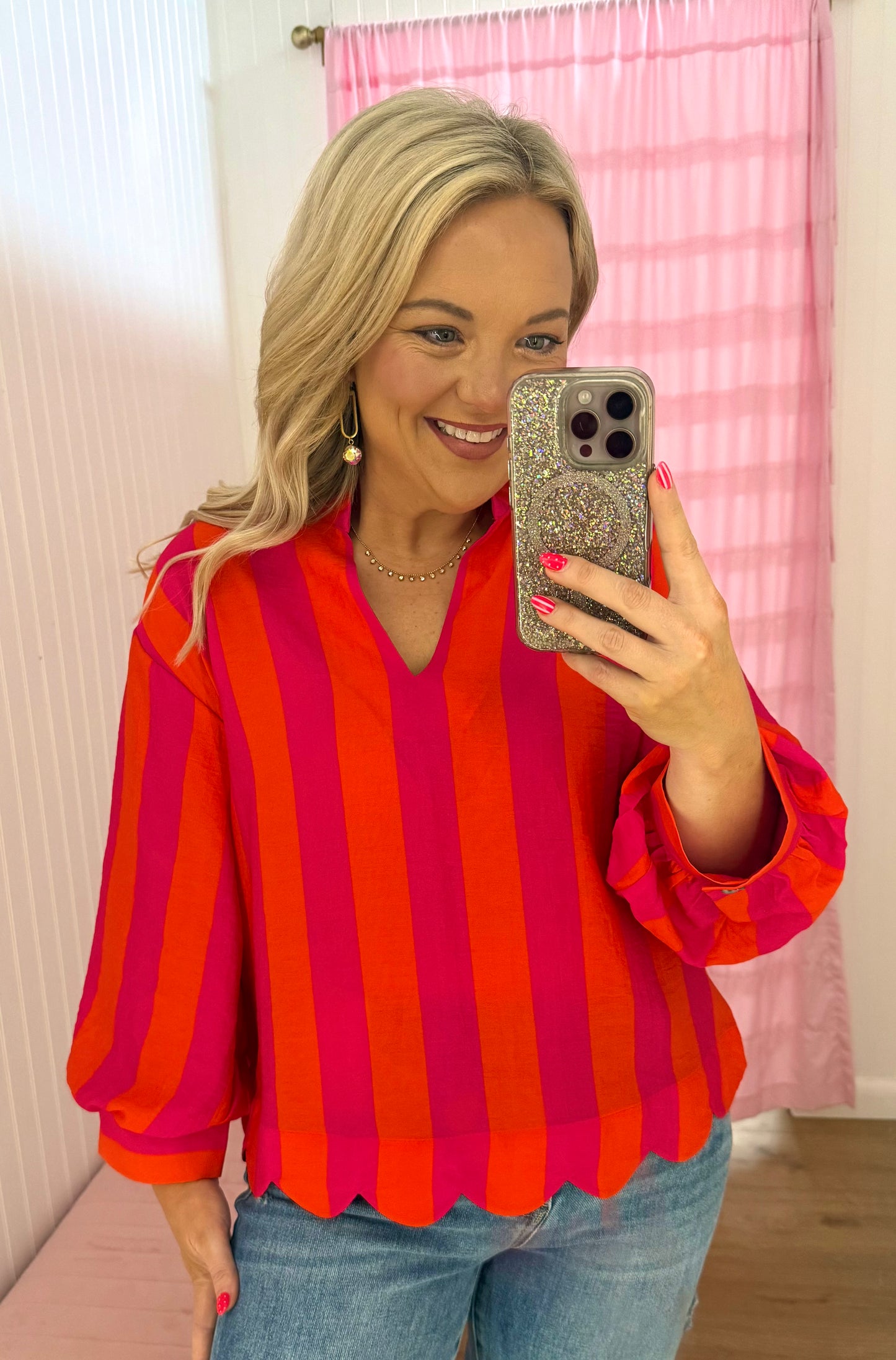 Stripe scalloped red/pink blouse