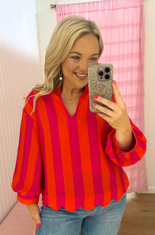 Stripe scalloped red/pink blouse