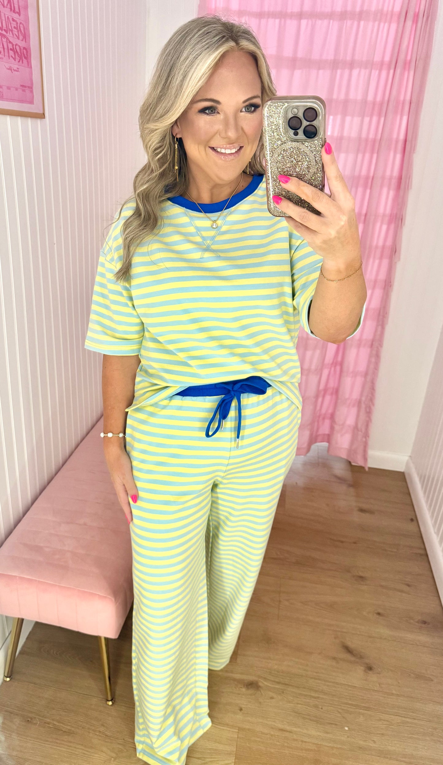 Blue/yellow stripe pant set