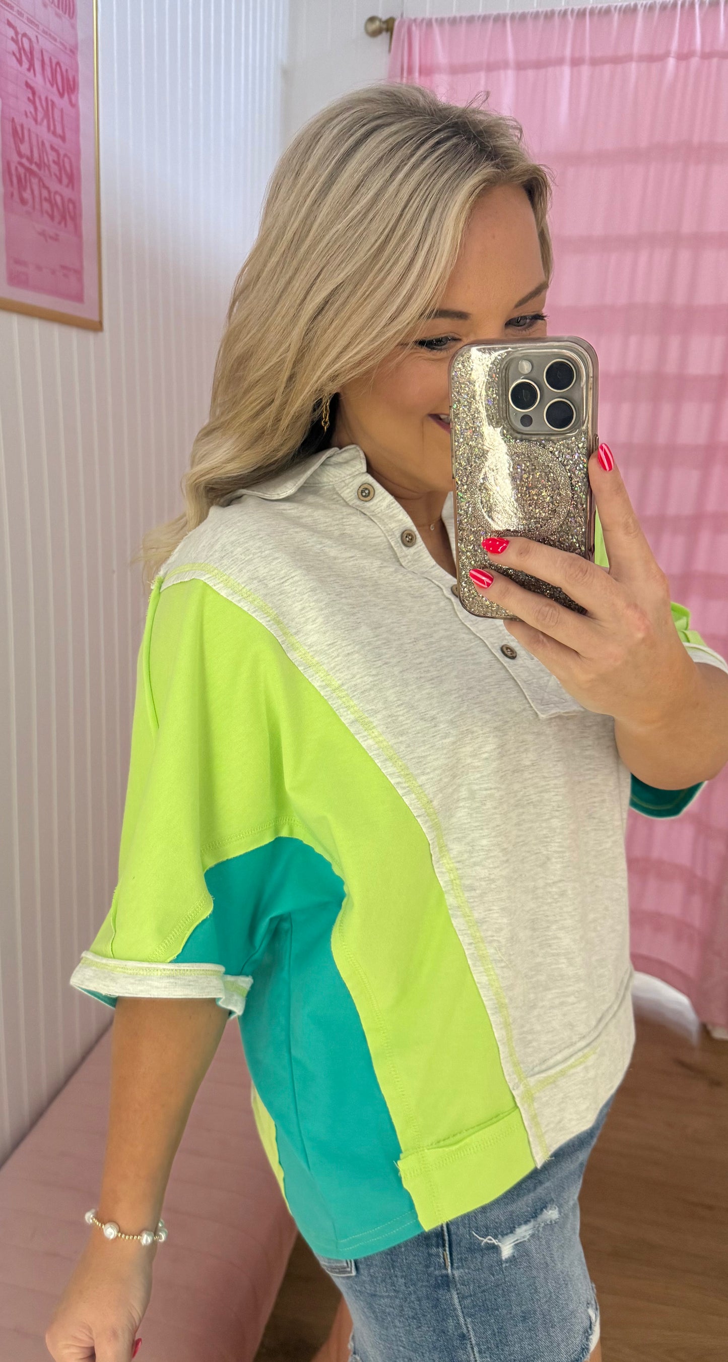 Neon green color block top