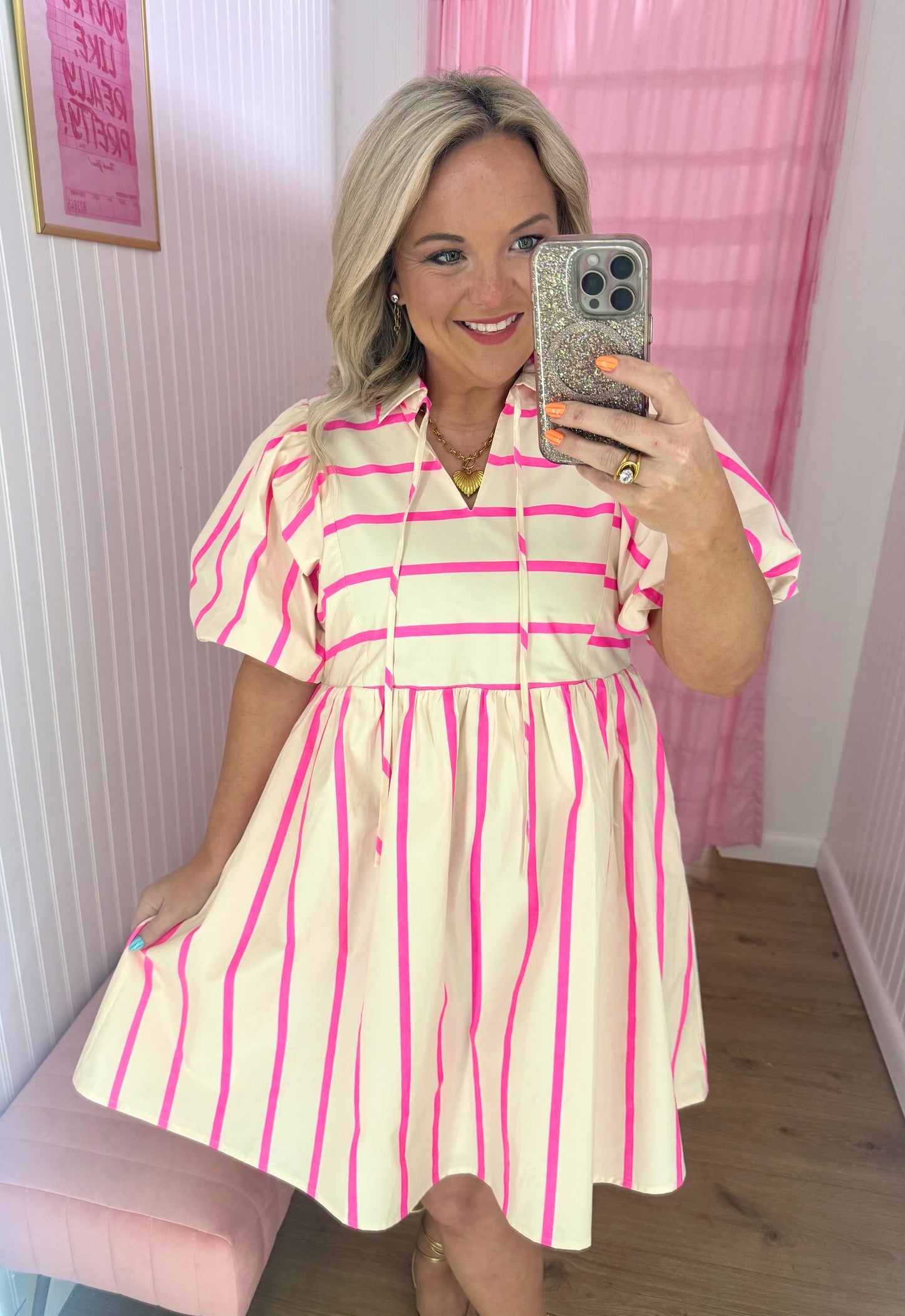 Pink stripe puff sleeve short dress
