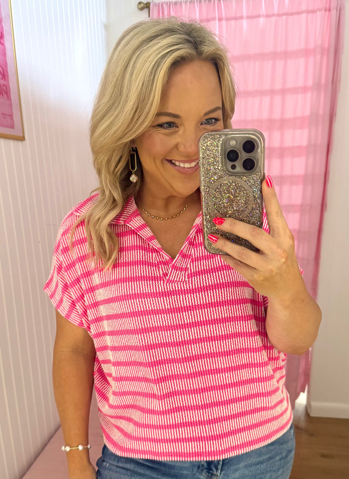 Rib stripe collar top