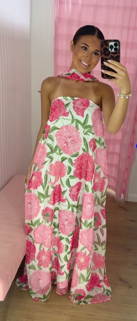 Pink floral maxi with scarf