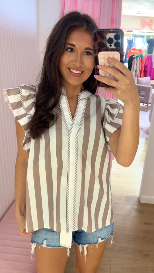 Taupe stripe ruffle sleeve blouse