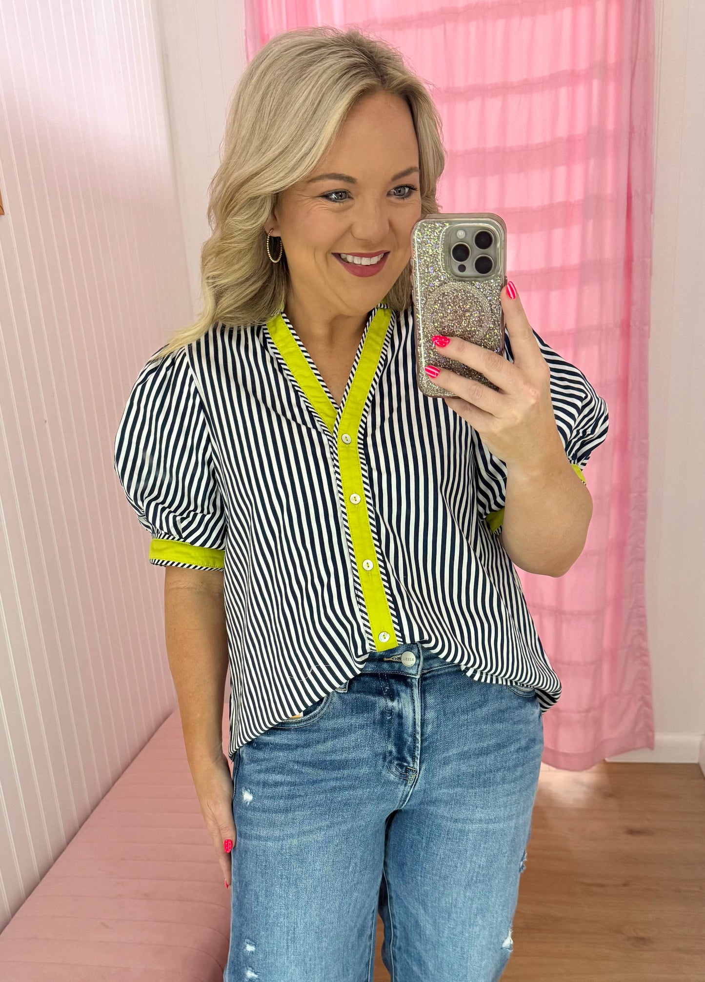 Navy striped button up blouse