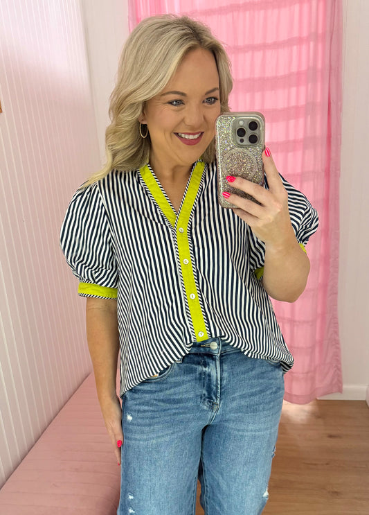 Navy striped button up blouse