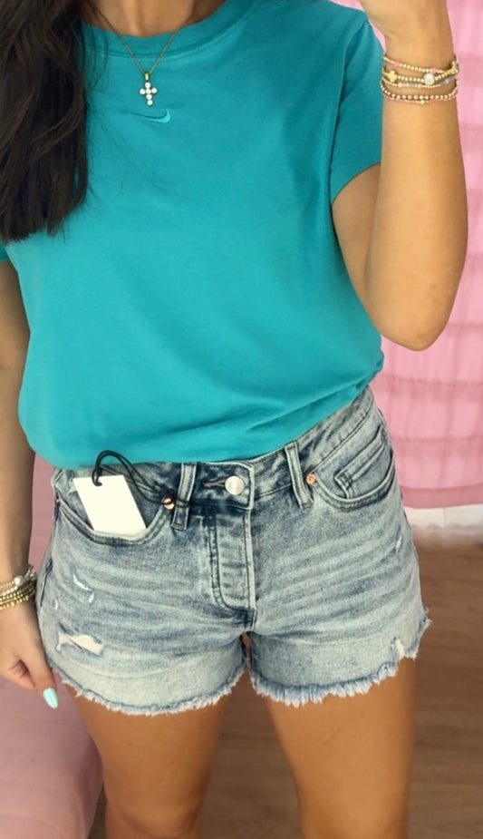 Light wash denim frayed shorts