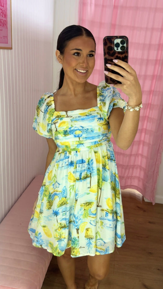 Short printed puff sleeve mini dress