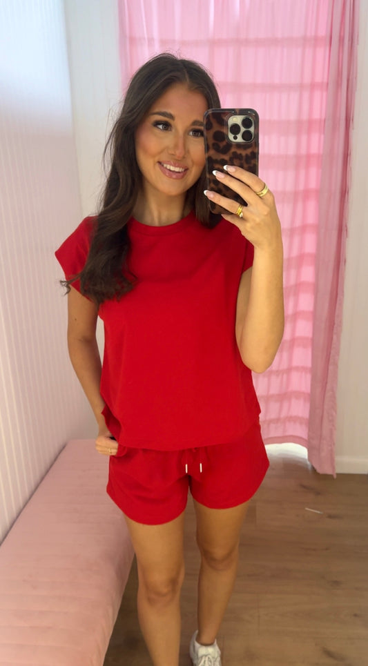 Red cap sleeve short set