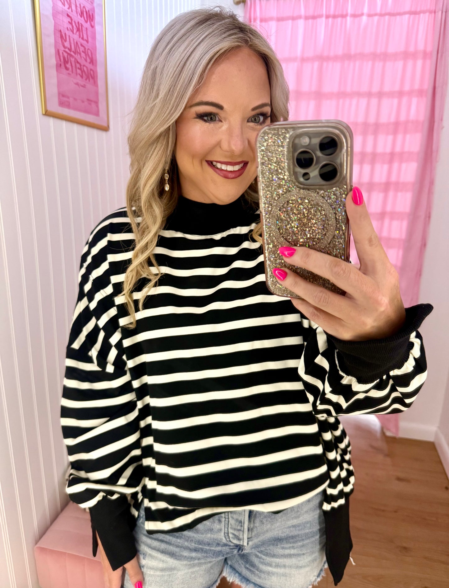 Black/cream stripe mock neck