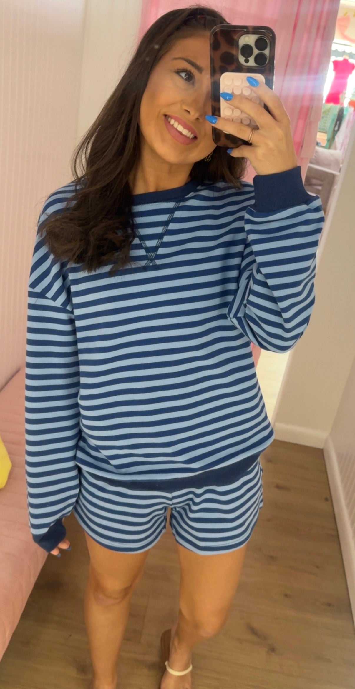 Navy/blue stripe long sleeve short set