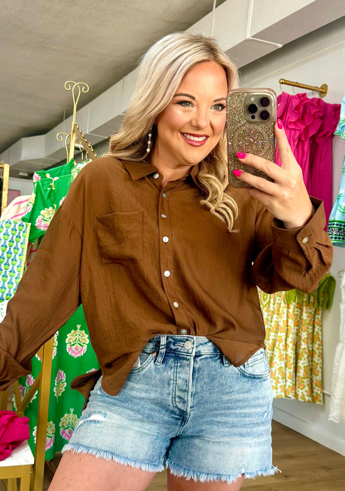 Brown button down top