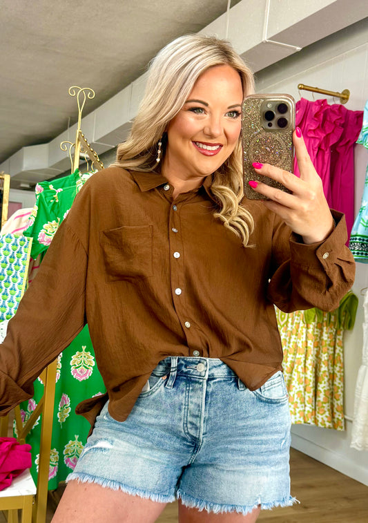 Brown button down top