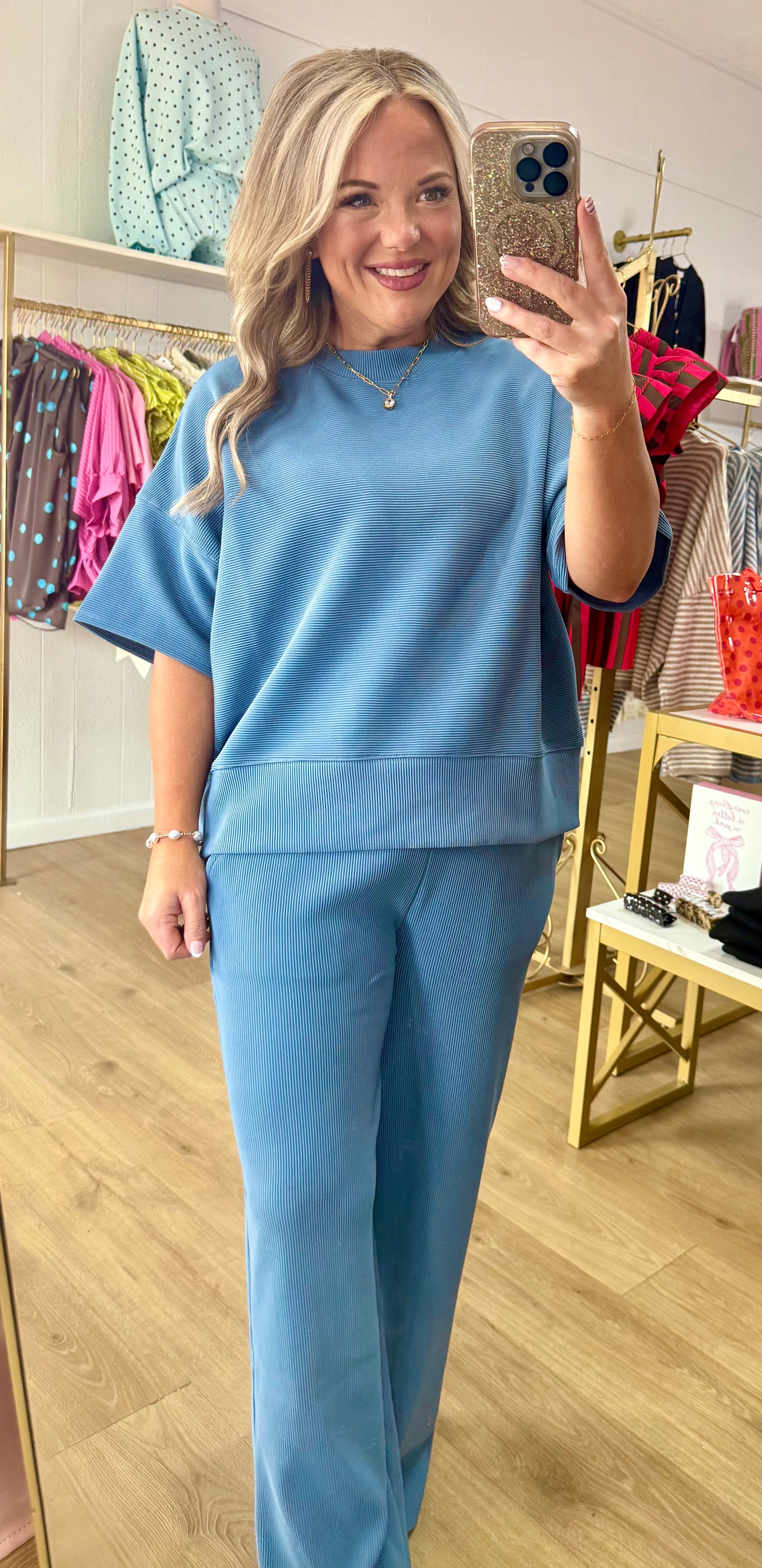 Dusty blue ribbed pant set